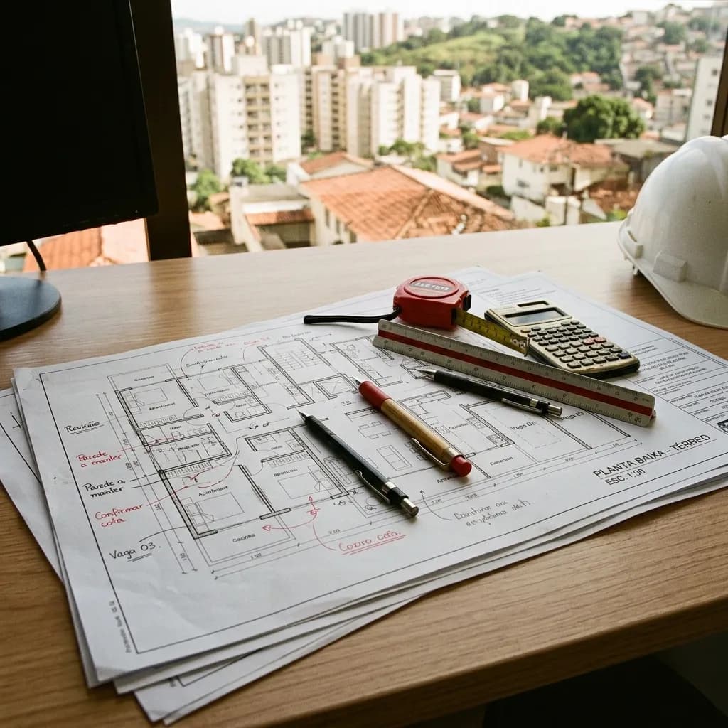Escritório de engenharia civil com plantas impressas, instrumentos e computador sobre a mesa
